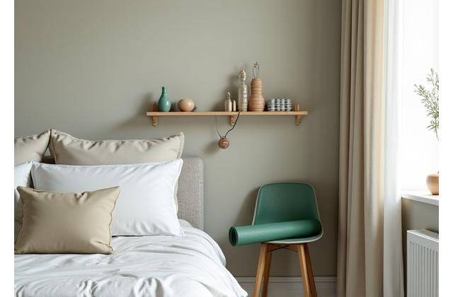 Bedroom corner elegantly converted into a home workout area with minimalist design