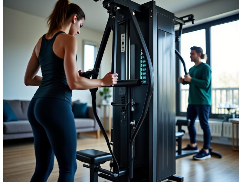 A multi-station home gym machine with adjustable settings, showcasing different family members of varying ages and heights demonstrating how easily it adapts to their individual needs.